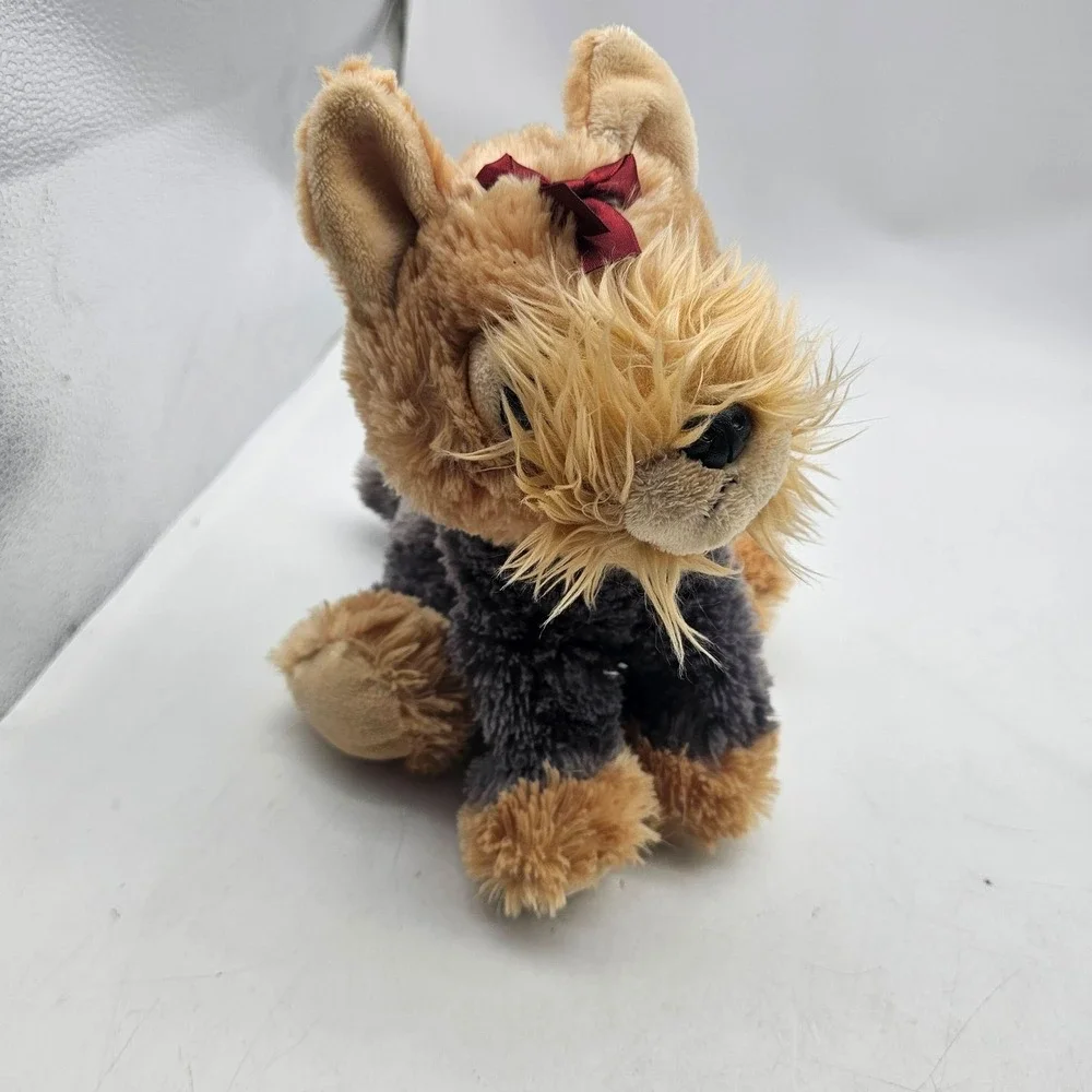 Aurora Yorkie Dog Plush Stuffed Animal Toy Small Brown Gray Cute Bow Soft